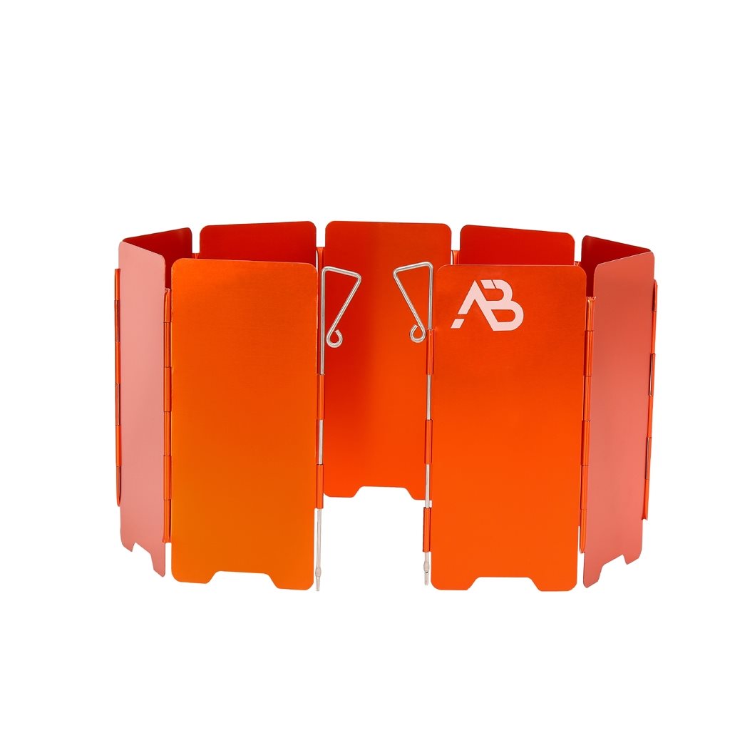 Paravientos plegable naranja de nueve láminas para hornillos con funda de transporte