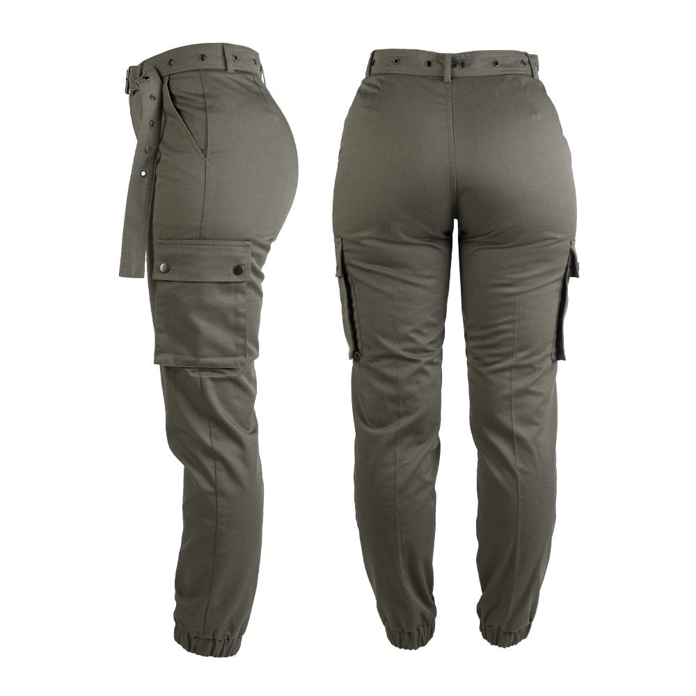 pantalones militares de mujer con bolsillos cargo, puños elásticos y cinturón
