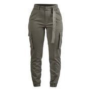 pantalones militares de mujer con bolsillos cargo, puños elásticos y cinturón