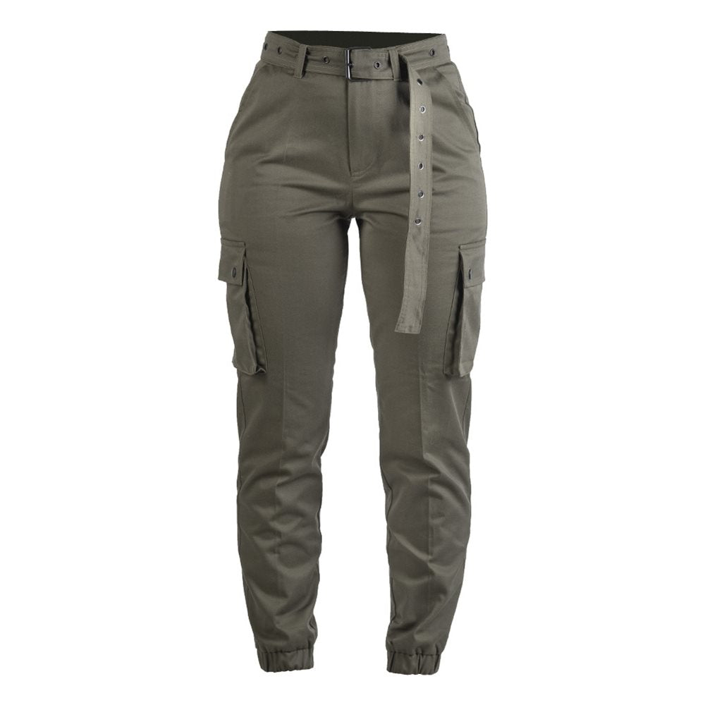 pantalones militares de mujer con bolsillos cargo, puños elásticos y cinturón