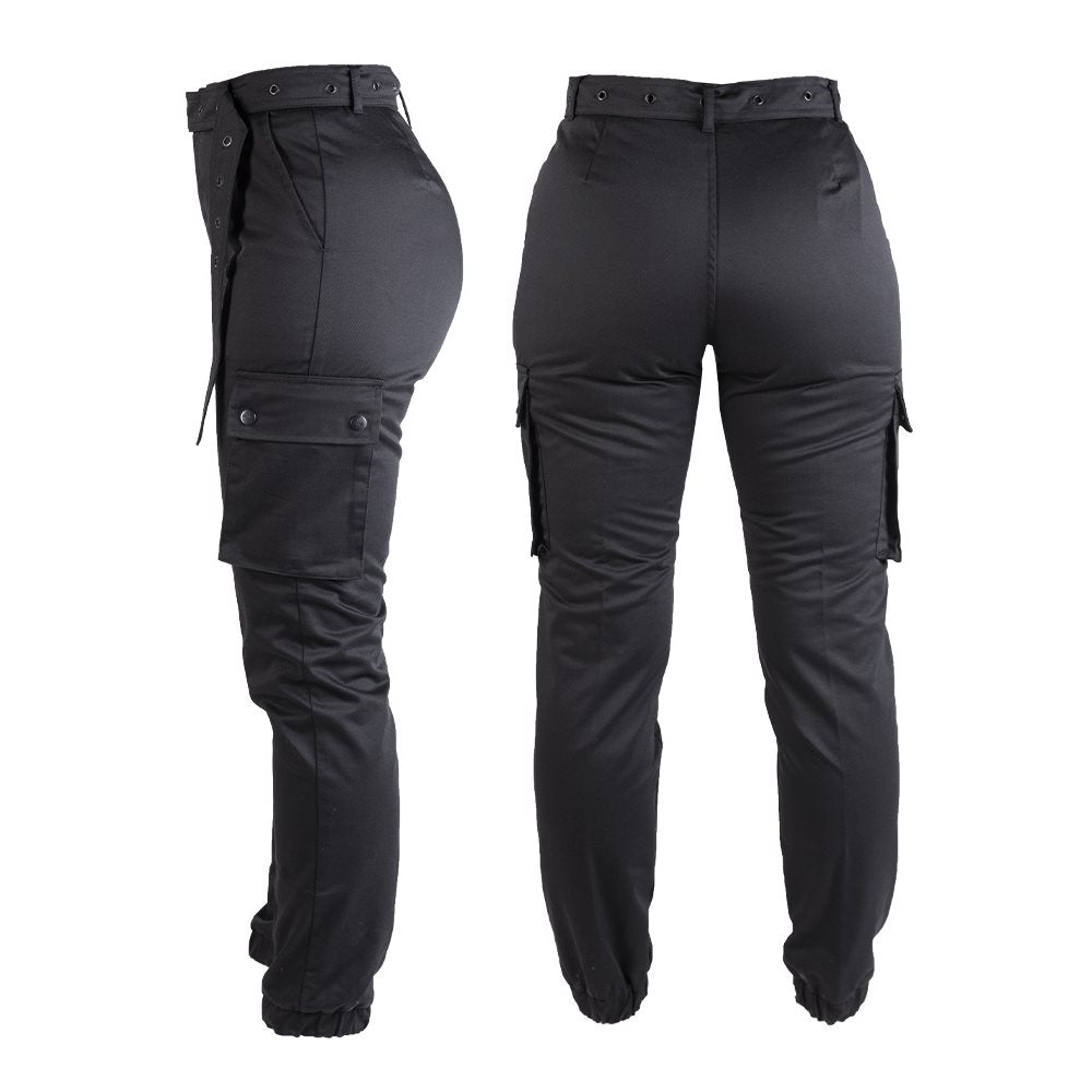 Pantalones militares mujer ARY negros con bolsillos cargo y puños elásticos, incluye cinturón
