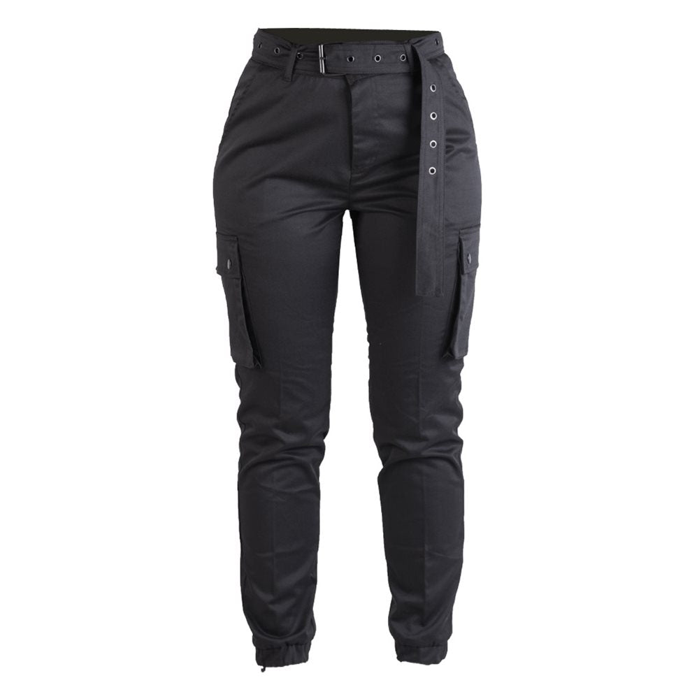 Pantalones militares mujer ARY negros con bolsillos cargo y puños elásticos, incluye cinturón