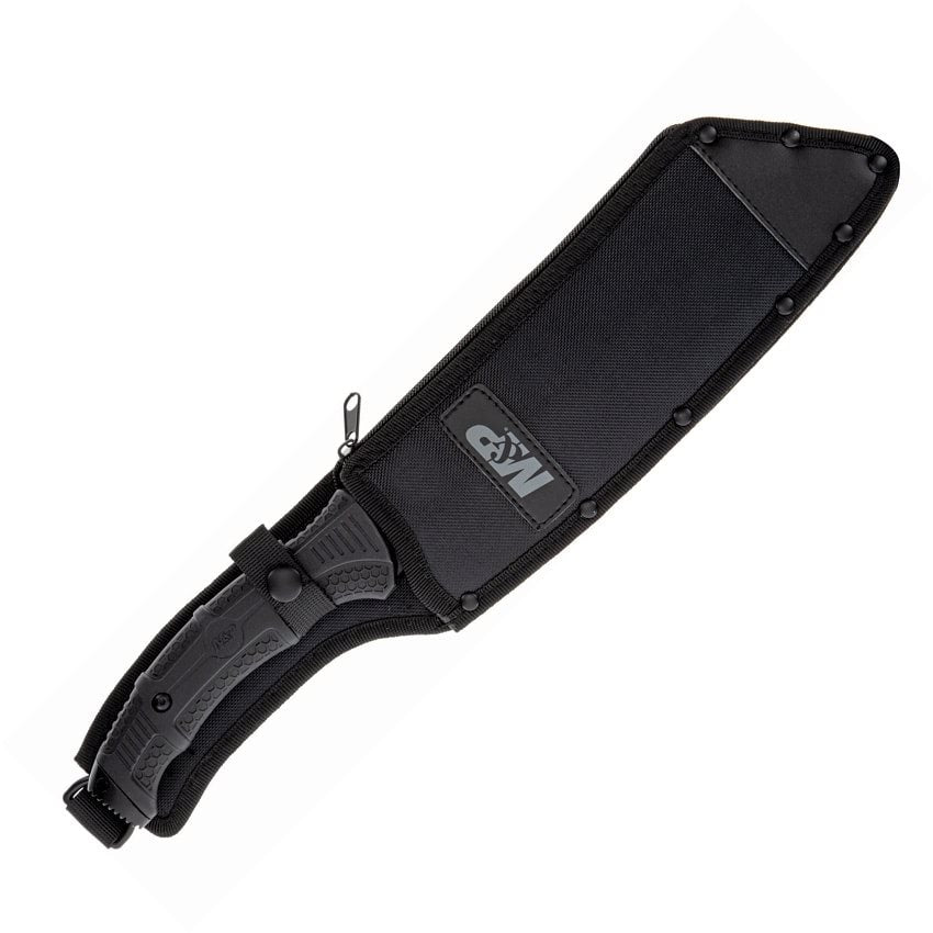 Macheta CLEAVER M&P negra con funda, hoja con sierra en el lomo y empuñadura con remate tipo martillo