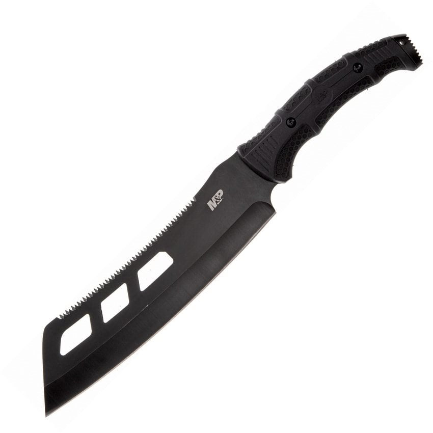 Macheta CLEAVER M&P negra con funda, hoja con sierra en el lomo y empuñadura con remate tipo martillo