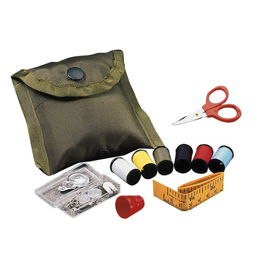 Set de costura en estuche con tijeras, hilo, agujas, dedal, botones y cierres