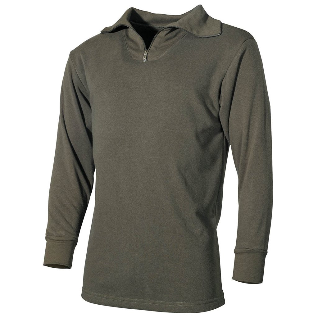 Camiseta BW verde de peluche con cuello alto y cremallera, 100 % algodón