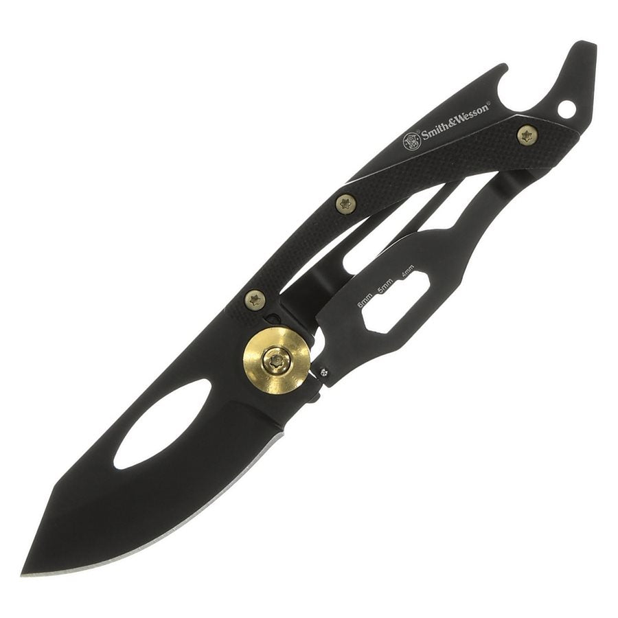 Navaja plegable pequeña negra con hoja de 5,08 cm y herramientas (destornillador, abrebotellas, llave hex)