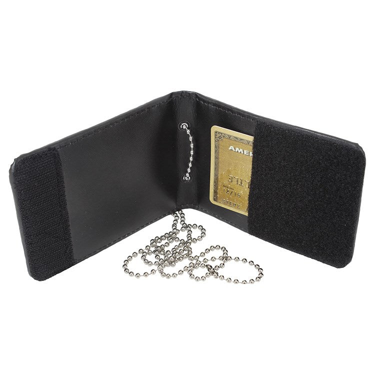Funda negra de cuero para documentos con cadena para llevar al cuello