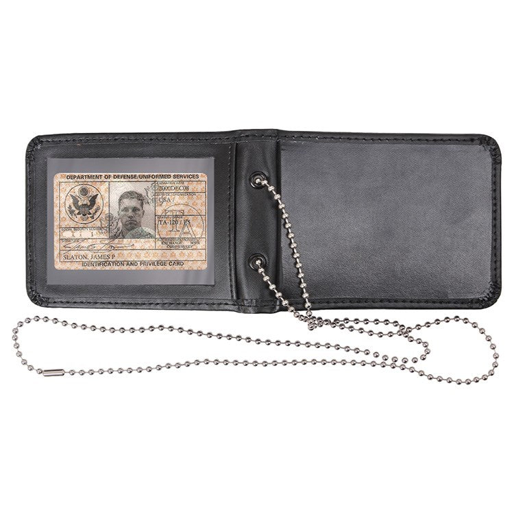Funda negra de cuero para documentos con cadena para llevar al cuello