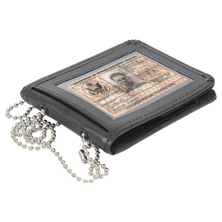 Funda negra de cuero para documentos con cadena para llevar al cuello