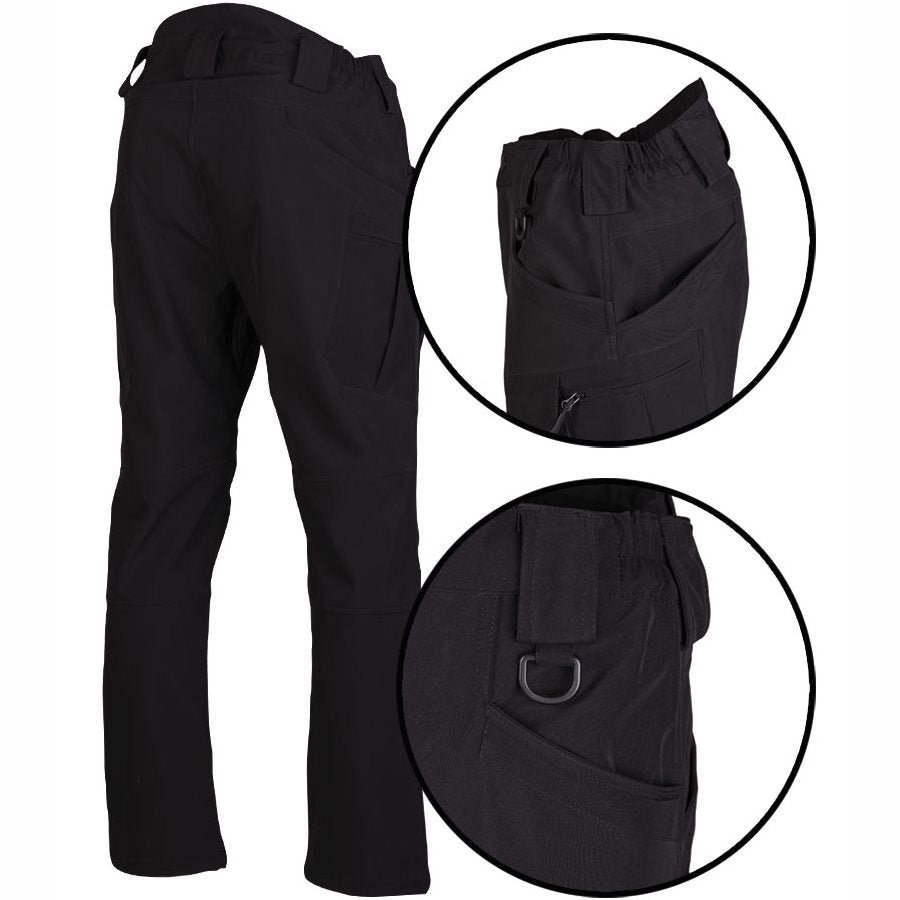 Pantalones ASSAULT softshell negros con forro polar, 8 bolsillos y refuerzo en las rodillas