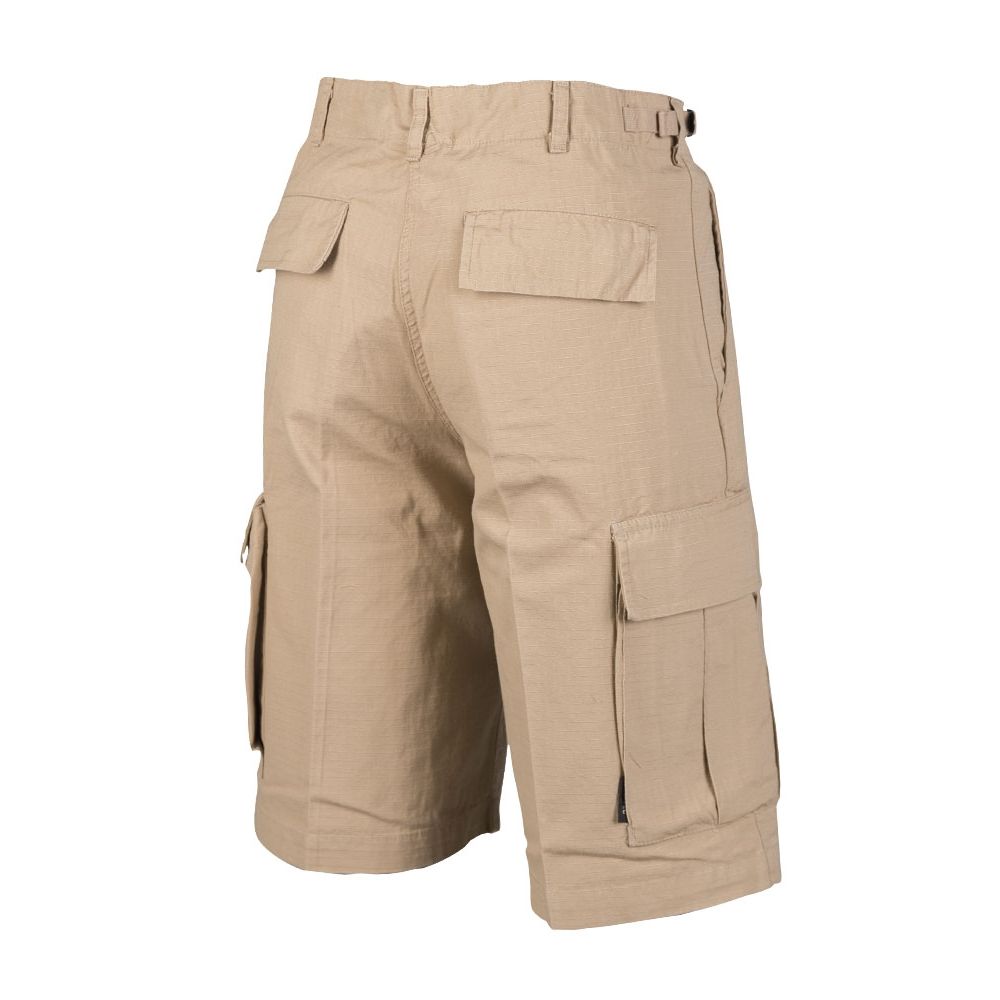 Shorts BDU rip-stop prelavado color khaki, 100% algodón, bolsillos laterales, bolsillos en muslo y traseros, cierre con botones