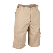 Shorts BDU rip-stop prelavado color khaki, 100% algodón, bolsillos laterales, bolsillos en muslo y traseros, cierre con botones