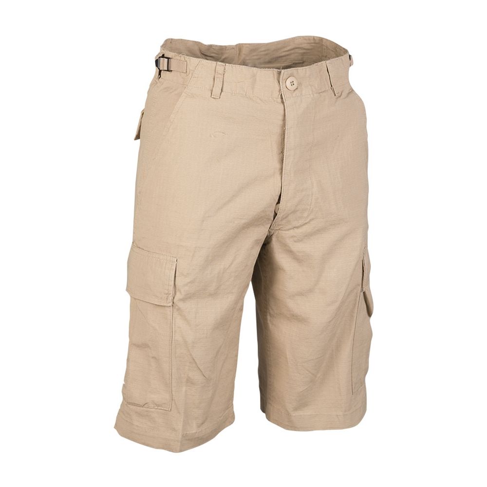 Shorts BDU rip-stop prelavado color khaki, 100% algodón, bolsillos laterales, bolsillos en muslo y traseros, cierre con botones
