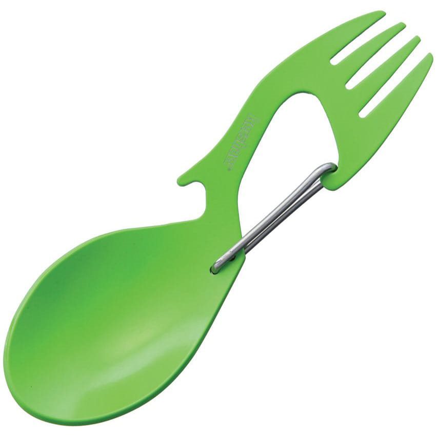 Příbor RATION verde: cubiertos 2 en 1 (tenedor y cuchara) con abridor y mosquetón, acero inoxidable 18 mm