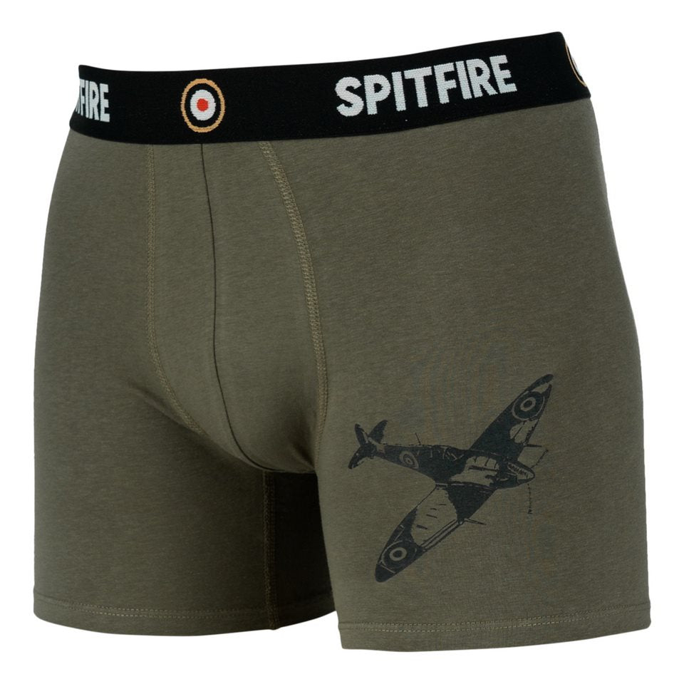 Boxer verde SPITFIRE con estampado y avión en el muslo izquierdo