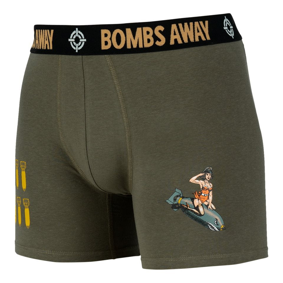 Boxers verdes 'BOMBS AWAY' con cintura elástica y estampados en ambos muslos