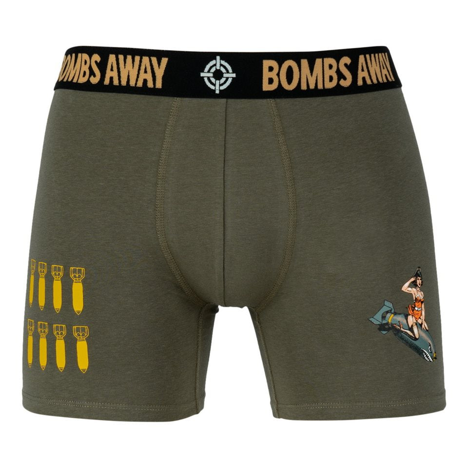 Boxers verdes 'BOMBS AWAY' con cintura elástica y estampados en ambos muslos