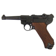 Réplica decorativa pistola Parabellum Luger P08 en madera, vista lateral