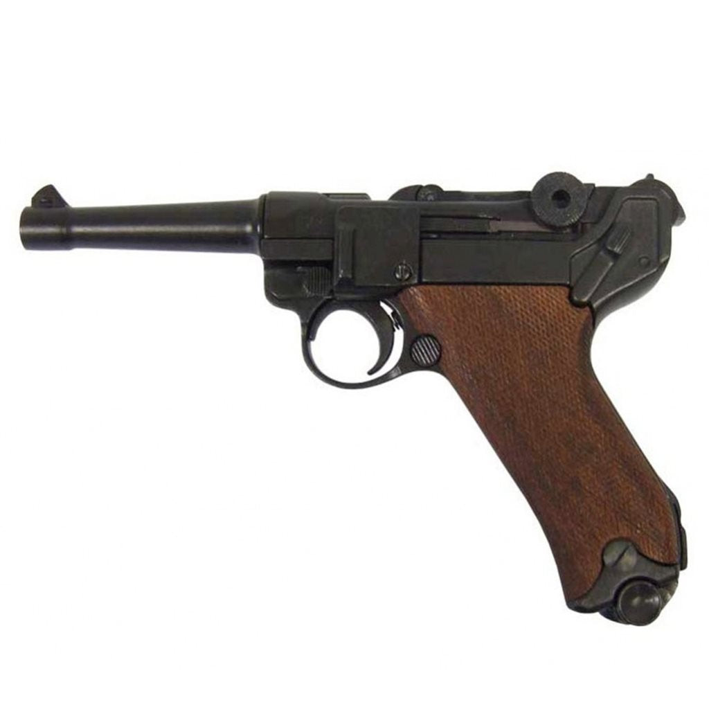 Réplica decorativa pistola Parabellum Luger P08 en madera, vista lateral