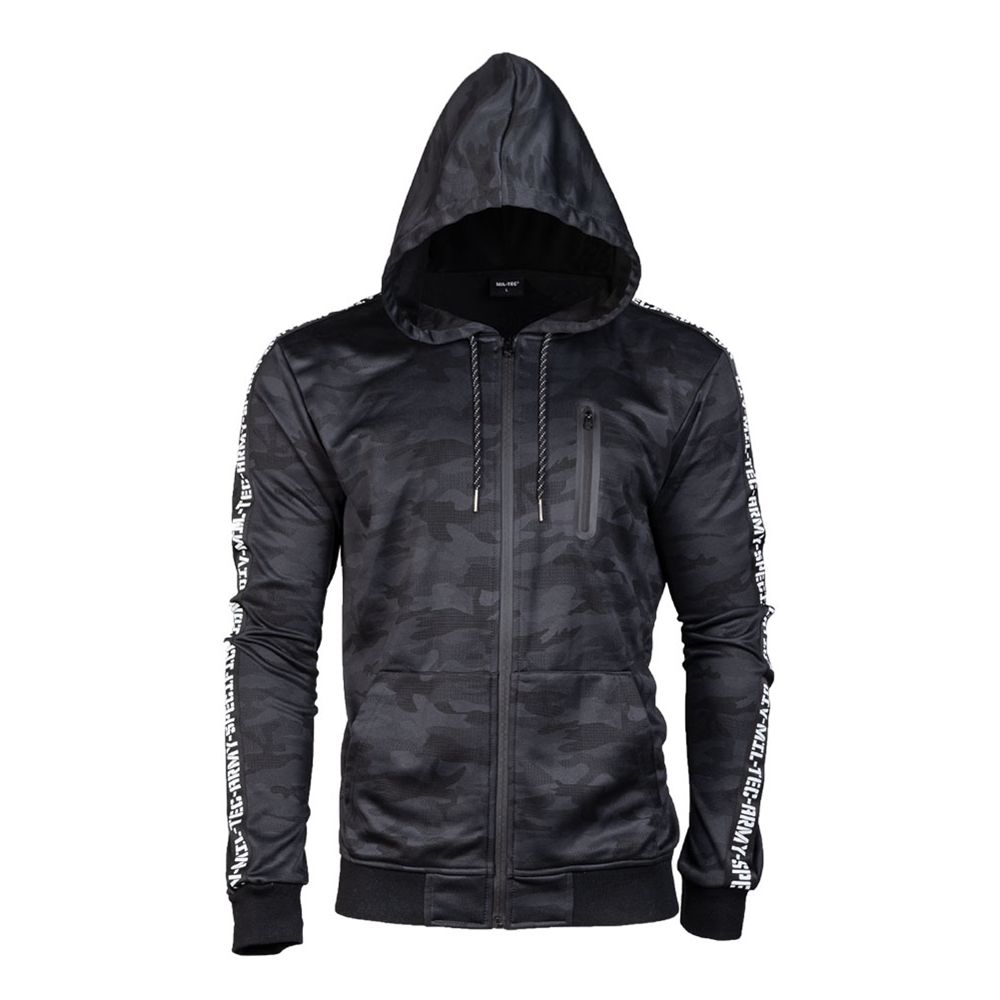 Sudadera MIL-TEC DARK CAMO con capucha ajustable, cremallera impermeable y bolsillo en el pecho