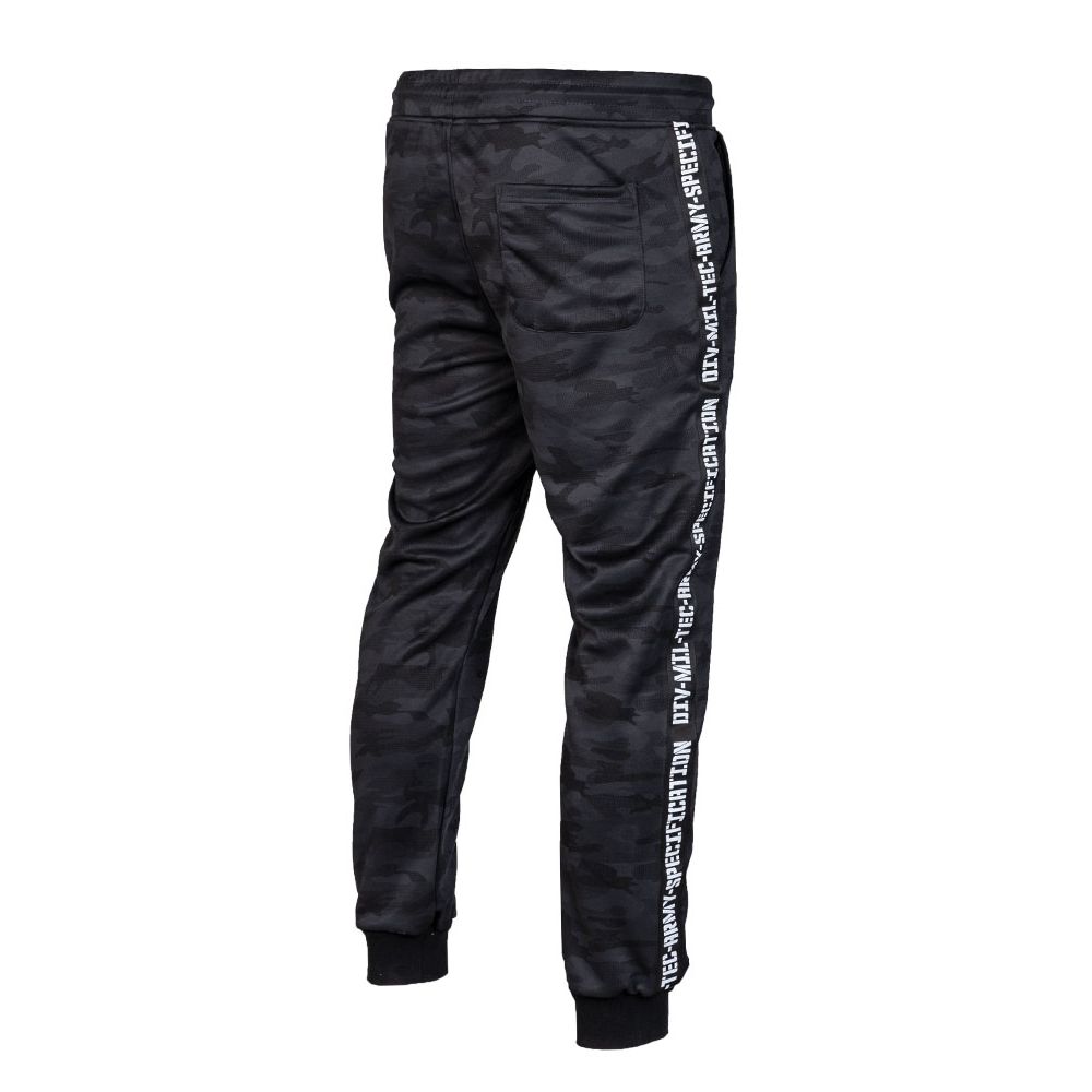 Pantalones TRAINING MIL-TEC Dark Camo, poliéster, 3 bolsillos, cordón en la cintura y puños elásticos