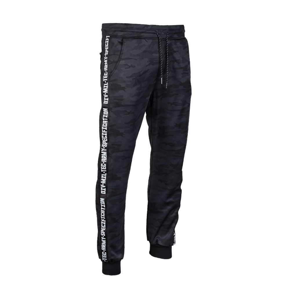 Pantalones TRAINING MIL-TEC Dark Camo, poliéster, 3 bolsillos, cordón en la cintura y puños elásticos
