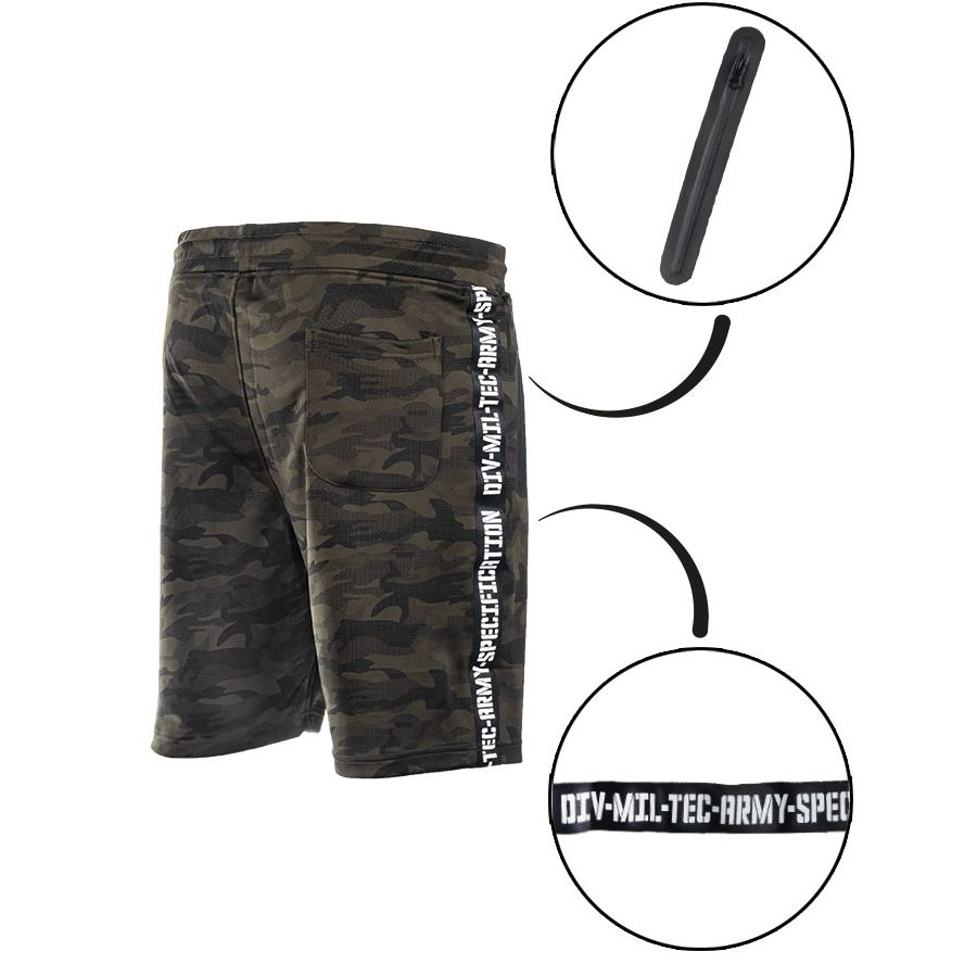 Shorts TRAINING WOODLAND MIL-TEC, poliester suave, cintura elastica y bolsillos con cremallera impermeable