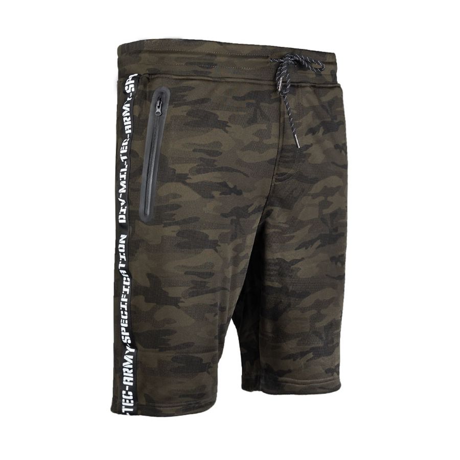 Shorts TRAINING WOODLAND MIL-TEC, poliester suave, cintura elastica y bolsillos con cremallera impermeable
