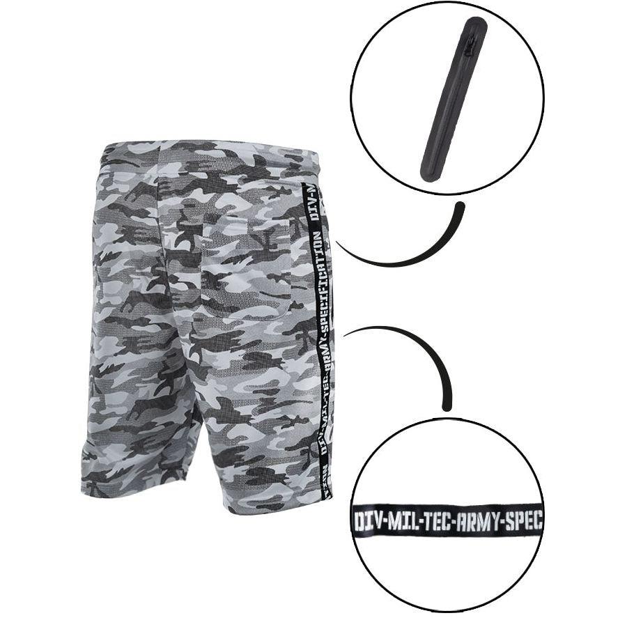 Shorts TRAINING MIL-TEC en poliéster suave con cintura elástica y bolsillos con cremallera impermeable