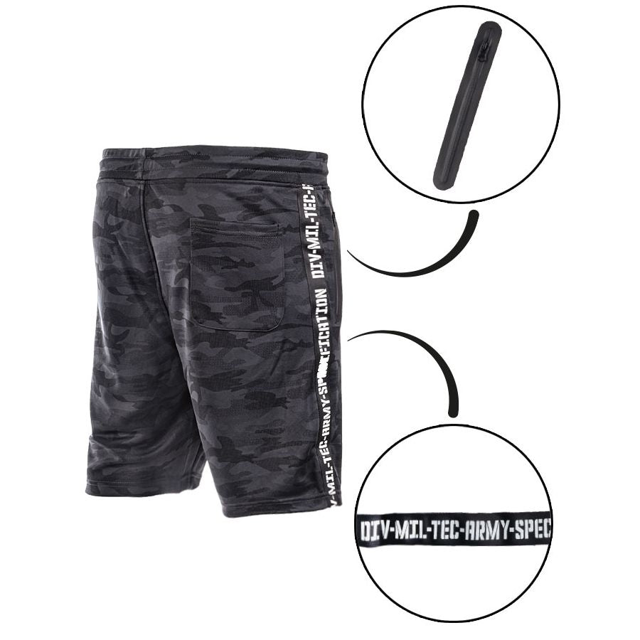 Shorts TRAINING MIL-TEC de poliéster con cintura elástica y bolsillos con cremallera impermeable