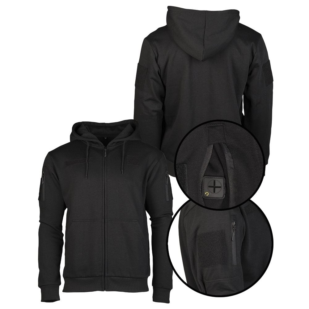 Sudadera táctica negra con capucha y cremallera, bolsillos en manos y bíceps y pasacables en manga