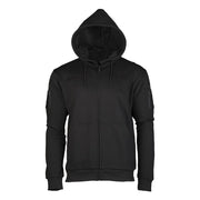 Sudadera táctica negra con capucha y cremallera, bolsillos en manos y bíceps y pasacables en manga