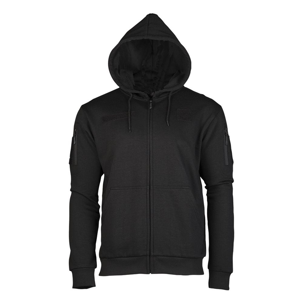 Sudadera táctica negra con capucha y cremallera, bolsillos en manos y bíceps y pasacables en manga