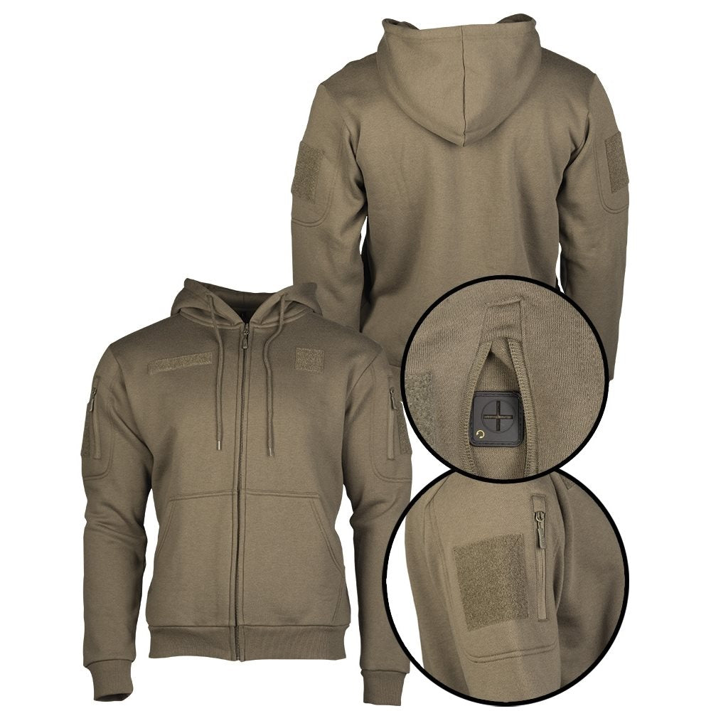 Sudadera táctica con cremallera y capucha, bolsillos en manos y bíceps y orificio para auriculares