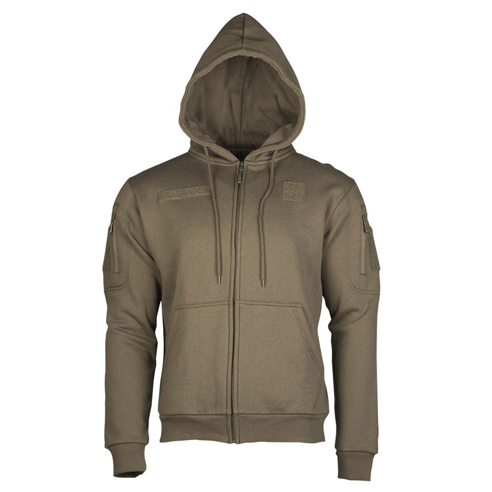 Sudadera táctica con cremallera y capucha, bolsillos en manos y bíceps y orificio para auriculares