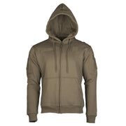 Sudadera táctica con cremallera y capucha, bolsillos en manos y bíceps y orificio para auriculares