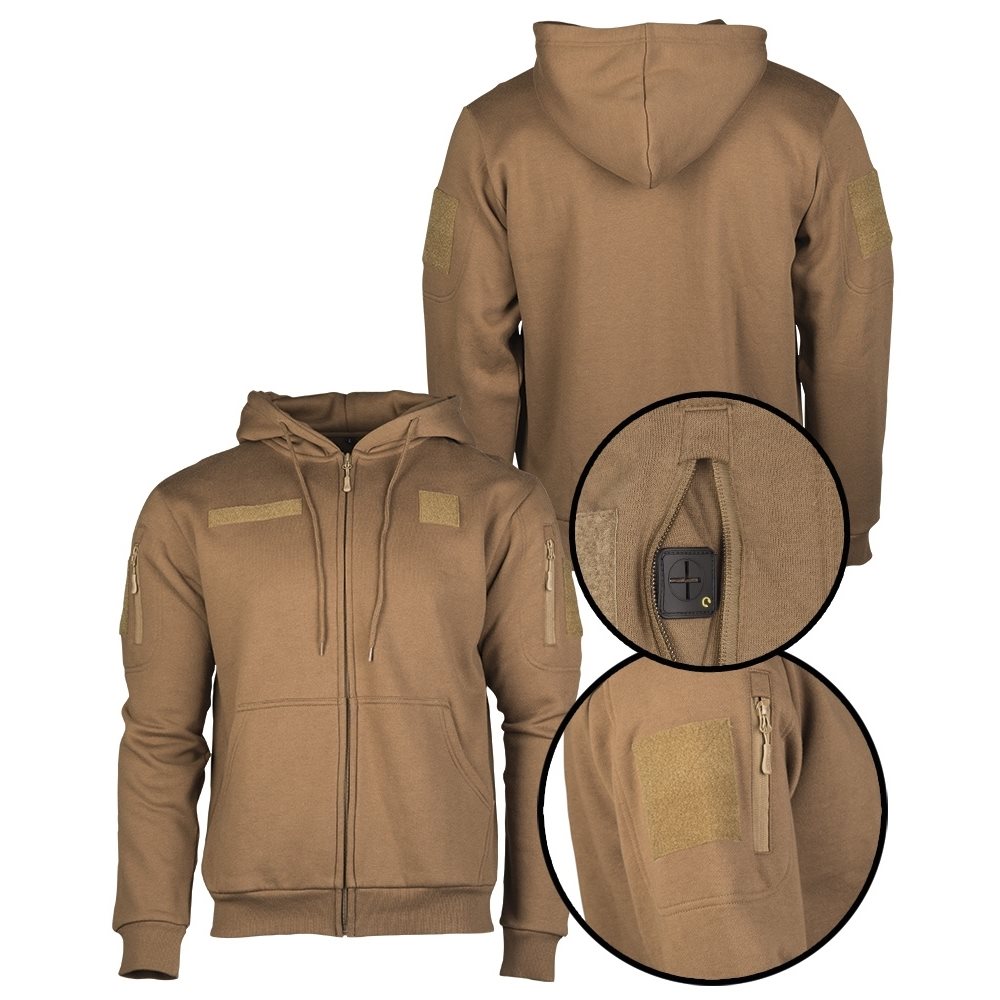 Sudadera táctica con cremallera y capucha DARK COYOTE, forro interior suave y bolsillos en manos y bíceps