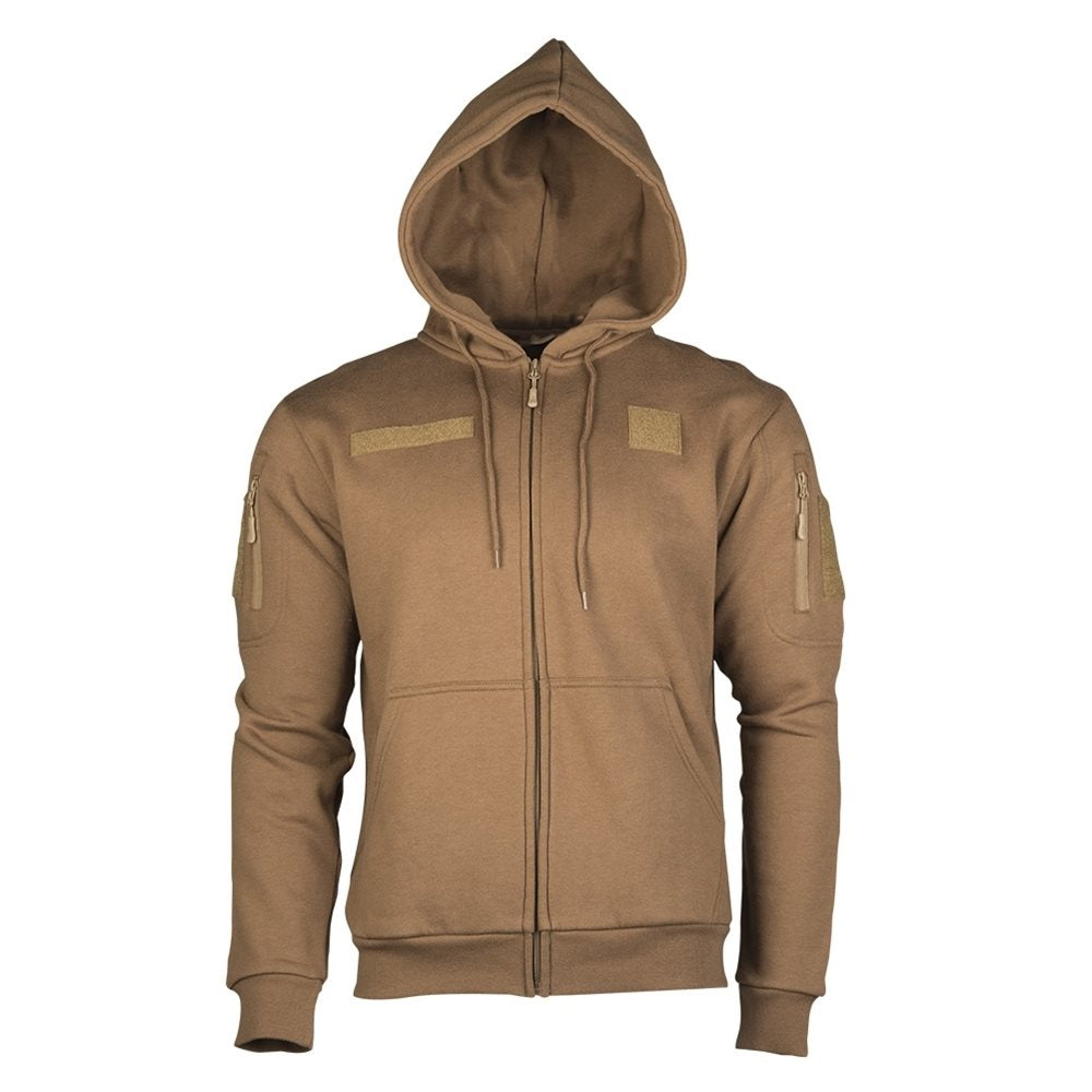 Sudadera táctica con cremallera y capucha DARK COYOTE, forro interior suave y bolsillos en manos y bíceps