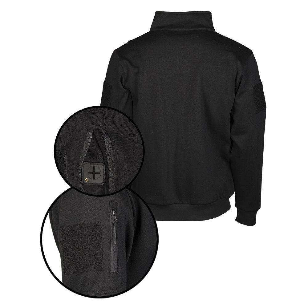 Sudadera táctica negra con cuello alto y cremallera 3/4, bolsillos en bíceps y pasacable en manga