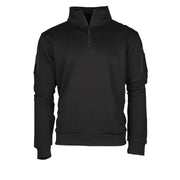 Sudadera táctica negra con cuello alto y cremallera 3/4, bolsillos en bíceps y pasacable en manga