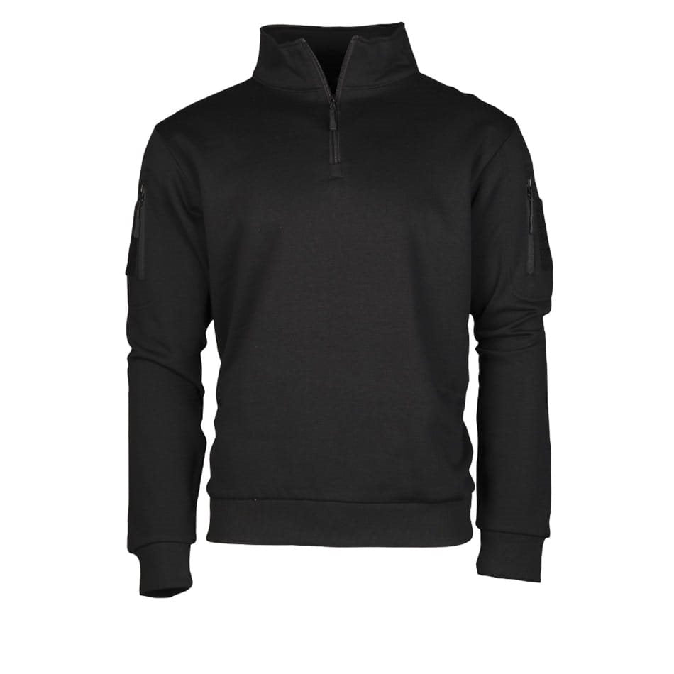Sudadera táctica negra con cuello alto y cremallera 3/4, bolsillos en bíceps y pasacable en manga