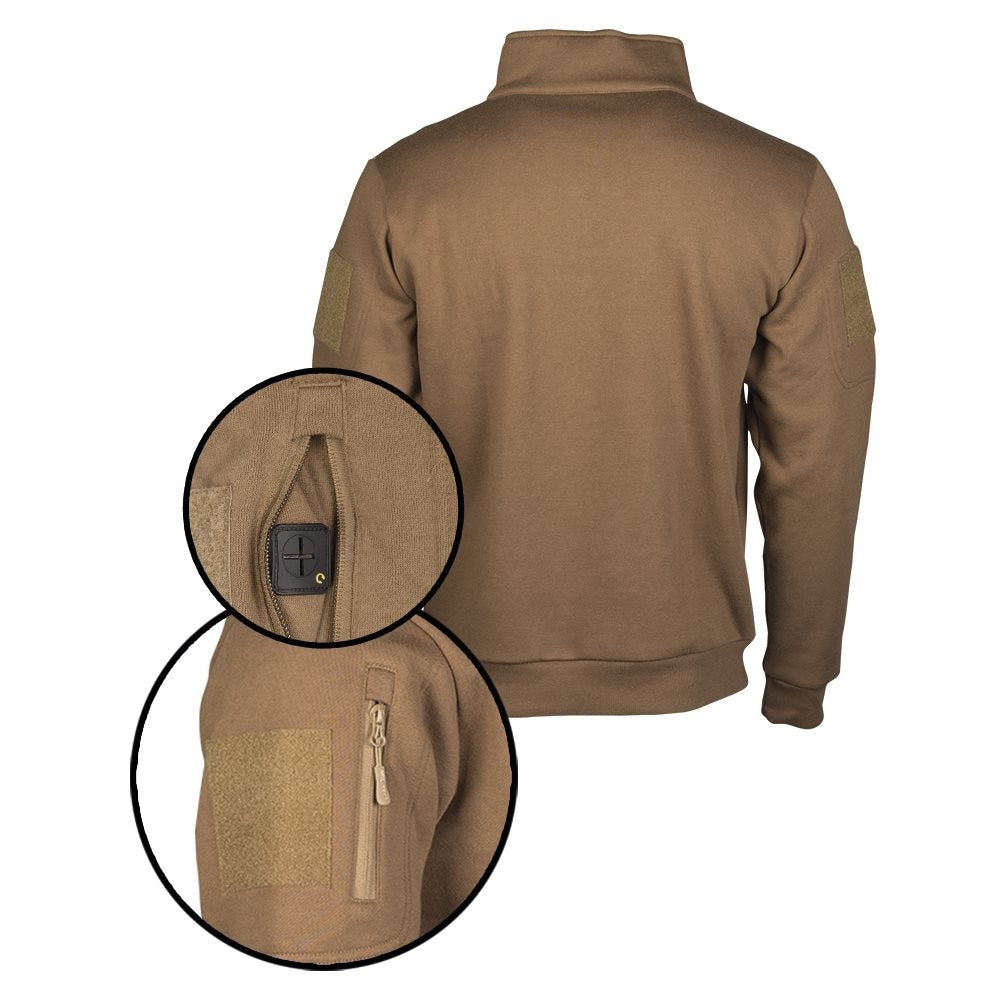 Sudadera TACTICAL cuello alto 3/4 zip Dark Coyote con bolsillos en biceps y manga, 60% algodon 40% poliester