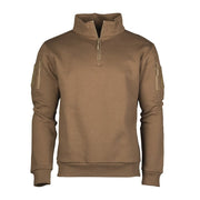 Sudadera TACTICAL cuello alto 3/4 zip Dark Coyote con bolsillos en biceps y manga, 60% algodon 40% poliester