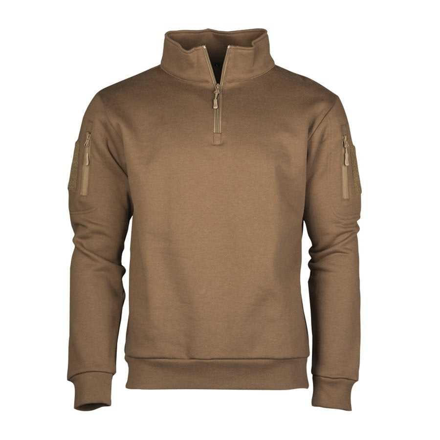 Sudadera TACTICAL cuello alto 3/4 zip Dark Coyote con bolsillos en biceps y manga, 60% algodon 40% poliester