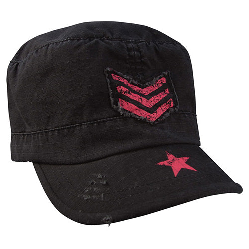 Gorra militar mujer PINK STRIPES Star & Ribbon rip-stop negra con lazo contra el cáncer de mama
