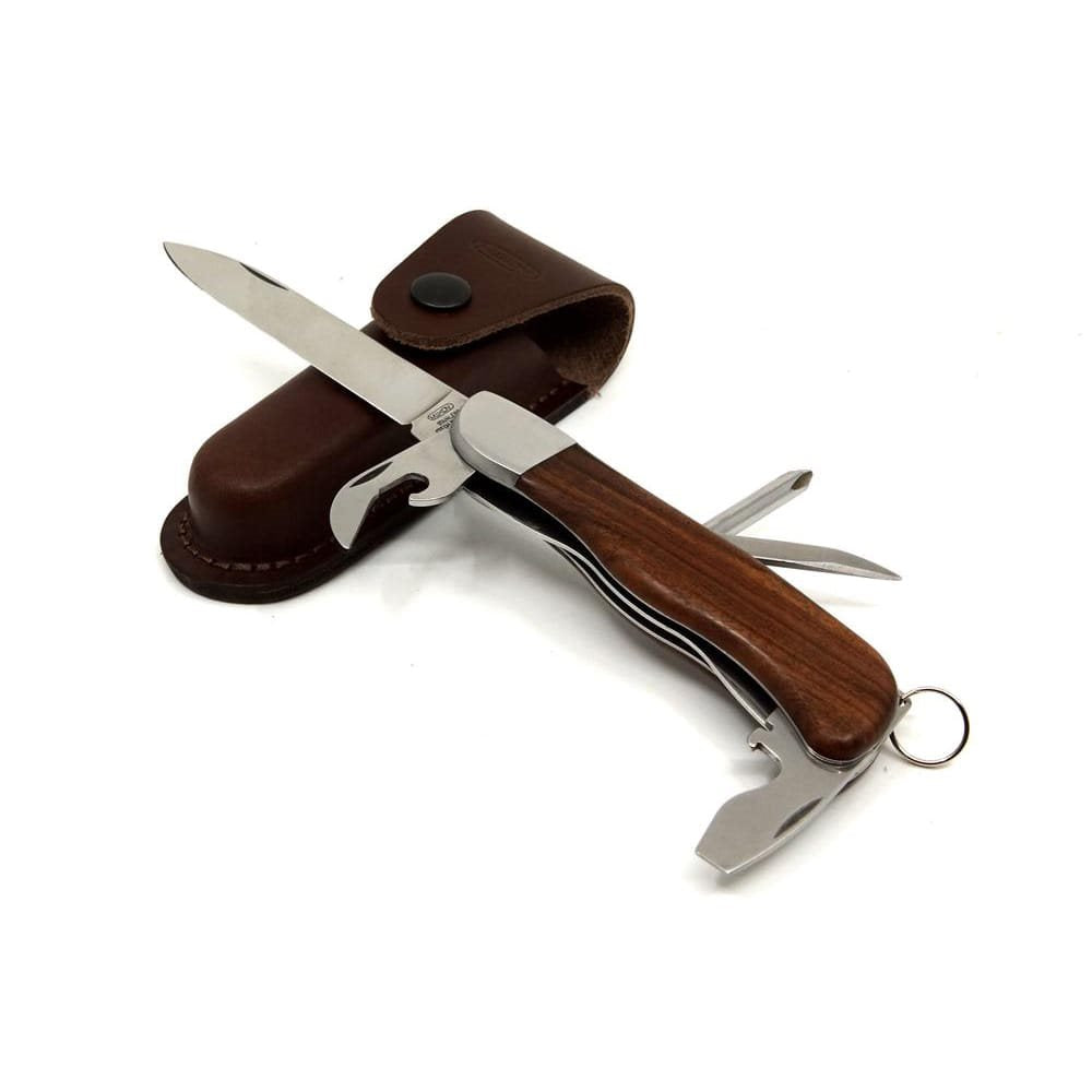 Cuchillo plegable HIKER 5BK/KP, hoja acero inoxidable 90 mm, mango madera, funda de cuero