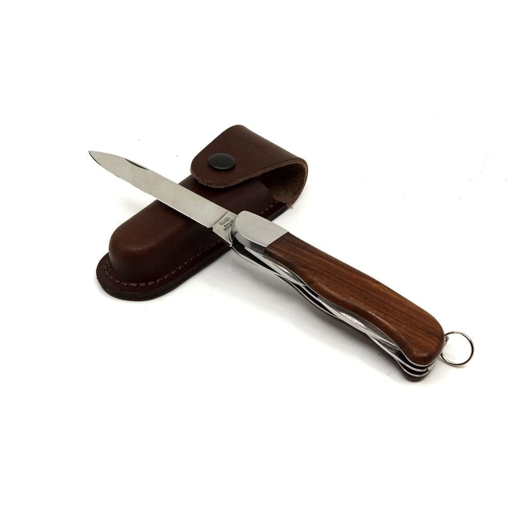 Cuchillo plegable HIKER 5BK/KP, hoja acero inoxidable 90 mm, mango madera, funda de cuero
