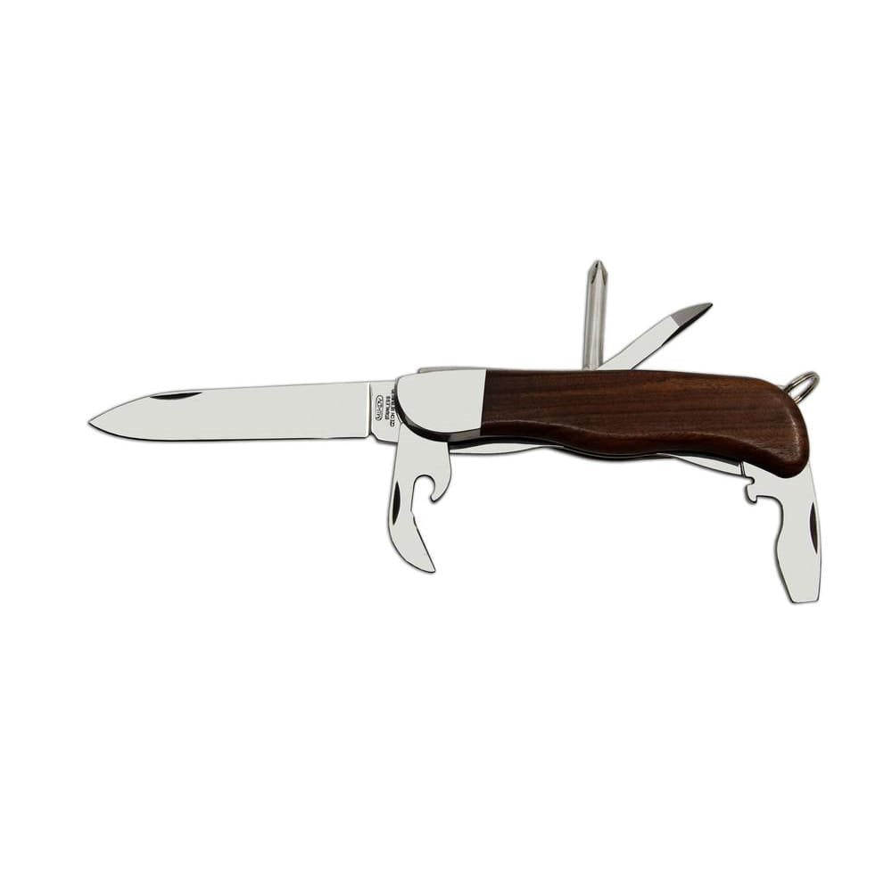 Cuchillo plegable HIKER 5BK/KP, hoja acero inoxidable 90 mm, mango madera, funda de cuero