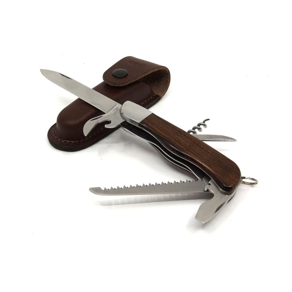 Navaja HIKER 6AK/KP, hoja acero inox 420, mango de madera, funda de cuero